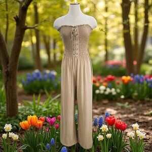 Toxik3 Strapless Smocked Jumpsuit Lace Up Front Wide Leg Pants Beige‎ XL Boho